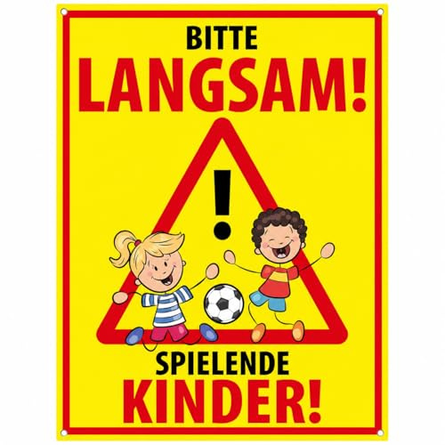 Hochwertiges Schild - Aluminiumverbundplatte  BITTE LANGSAM! SPIELENDE KINDER  400 x 300 mm rechteckig | Vorsicht Kinder spielen | Autofahrer langsam fahren | Hinweisschild gelb rot