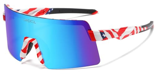 OMEKOL Polarized Sports Sunglasses Cycling Glasses UV400 Mountain Bike Goggles MTB Riding Bicycle Eyewear Men Women Baseball Running Fishing Golf Outdoor - USA Flag Frame/Blue Lens