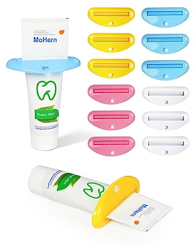 MoHern Toothpaste Squeezer, 12 Pcs Plastic Tube Squeezer Holder Toothpaste Clips, Multi-Purpose Toothpaste Dispenser by (Pink, Blue, Yellow, White)