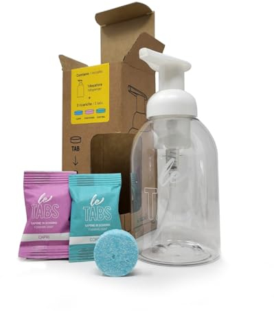LeTABS Starter Kit - Sapone ecologico solubile in pastiglie, Set di 3 pastiglie da 350ml più dosatore a schiuma riutilizzabile. Profumazione MIX, Made in ITALY.