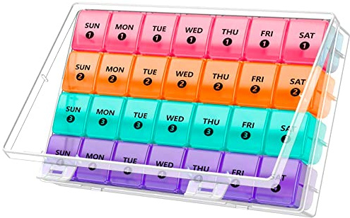 Portapillole mensile extra large - Dispenser per pillole una volta al giorno a colori con 4 contenitori settimanali per pillole da 28 giorni - Custodia antipolvere XL senza BPA per pillole