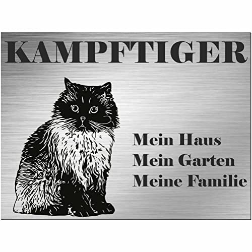 Indigos UG - Schild Himalaya Katze - bedruckt - Kampftiger Mein Haus - Aluverbundplatte Edelstahl Look - 30x20 cm - Spruch - Deko Geschenkidee Katze - Zaun - Türschild - Hinweisschild - Warnschild
