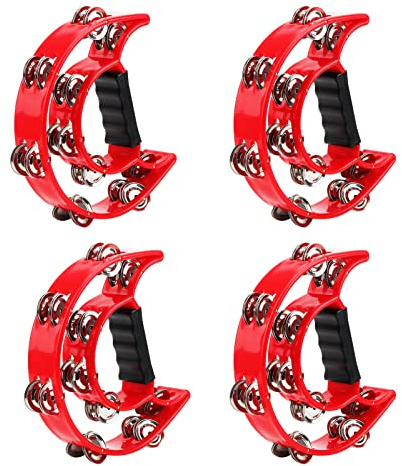 JOIKIT 4 PCS 230 x 200 x 48mm Double Row Tambourine, Red Half Moon Tambourine with Double Row Metal Jingles, Hand Held Tambourines for Musicians Singers Bands