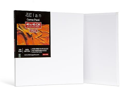 Elan kanvaspaneler i bomull för målning 40x40 cm, 6-pack målardukar | Trippelgrundad kanvaspanel 280 g/m², syrafri, av 100 % naturlig bomull, 3 mm tjock, för akryl- och gouachemålning