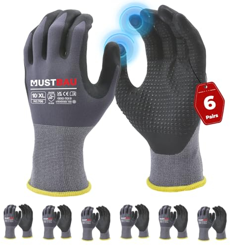 Mustbau Arbeitshandschuhe Schwarz mit Touchscreen, Arbeitshandschuhe Herren mit Nitril Beschichtung für Montagearbeit，Mechaniker, Gartenarbeit und Bauarbeiten, Gr. XL, 6 Paare
