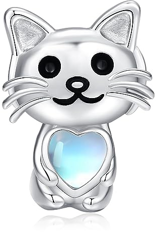 Charms Animaux en Argent Sterling 925 Femme Charm Compatible pour & Européen Bracelets, Charm Breloque Chat en Pierre de Lune Pendentif, Breloque Chat Cadeaux pour Femmes et Filles
