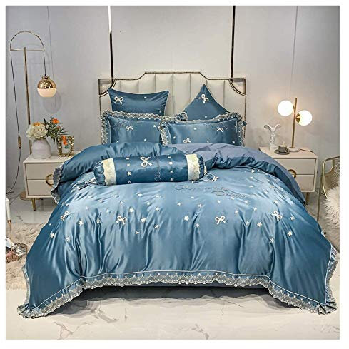 Parure de lit 4 pièces résistante aux plis et aux taches Linge de lit de luxe en soie lavée Housse de couette Broderie européenne Patinage en soie Soie 4 pièces avec taies d'oreiller Ensemble de