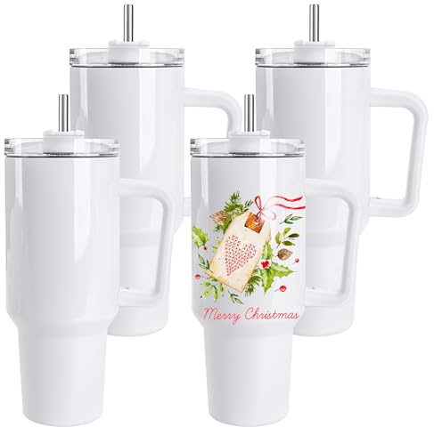 D·S 4 Pack 40 oz Sublimation Tumbler with Handle Insulated Large Sublimation Tumblers Bulk with Lids and Straws Stainless Steel Coffee Mugs for DIY Craft Heat Press Print