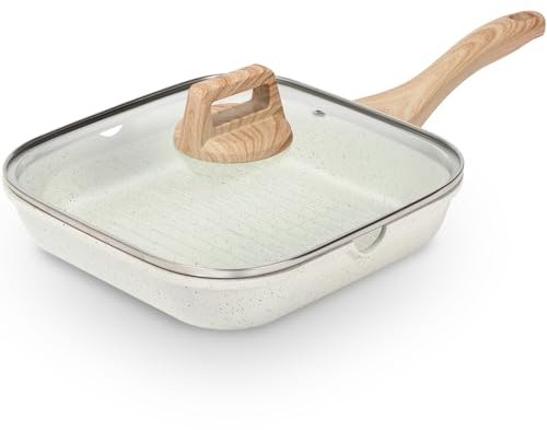 ESLITE LIFE Sartén antiadherente con tapa para estufas, revestimiento de cerámica de 11 pulgadas, sartén cuadrada compatible con todas las estufas (gas, eléctricas e inducción), sin PFOA, crema