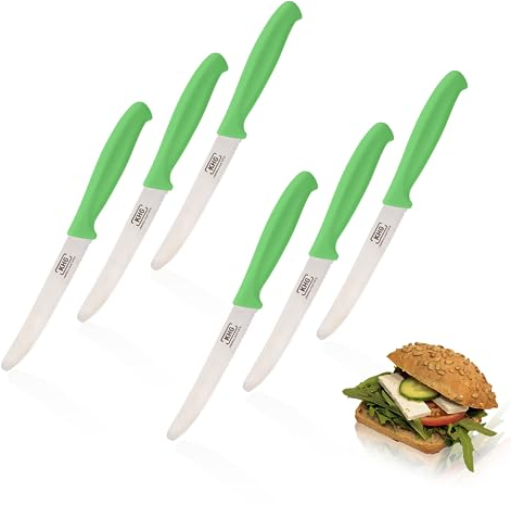 KHG 6er Set Frühstücksmesser Brötchenmesser Tomatenmesser Grün | 12 cm Klinge Edelstahl mit Wellenschliff | Tafelmesser Brotzeitmesser Vespermesser mit Fingerschutz