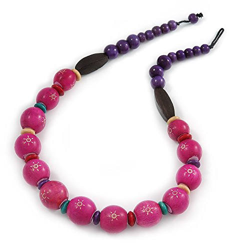 Avalaya Collana con perline in legno fucsia/viola, lunghezza 58 cm