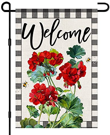 Bandera de jardín de geranio de primavera y verano de 12 x 18 pulgadas, arpillera de doble cara exterior, letrero pequeño de abeja floral de temporada, decoración al aire libre DF455