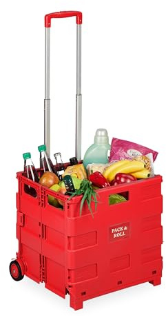 Relaxdays Carrello per Spesa Pieghevole, 35 kg Carico, Manico Telescopico, Carrellino Trolley Portaspesa, Cesto, Rosso