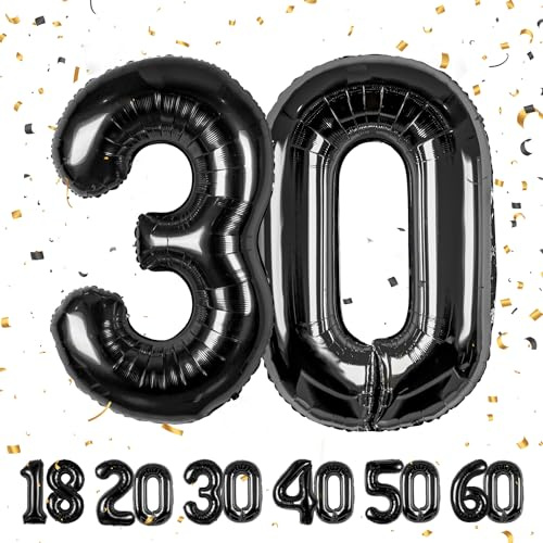 30 Geburtstag Deko zahlen luftballon 30 jahre | Folienballon Schwarz - für 30. Geburtstagsdeko Männer Frauen Ballon Zahl Deko zum Geburtstag fliegt mit Helium 30.Geburtstagsparty 40-101cm Black, 30