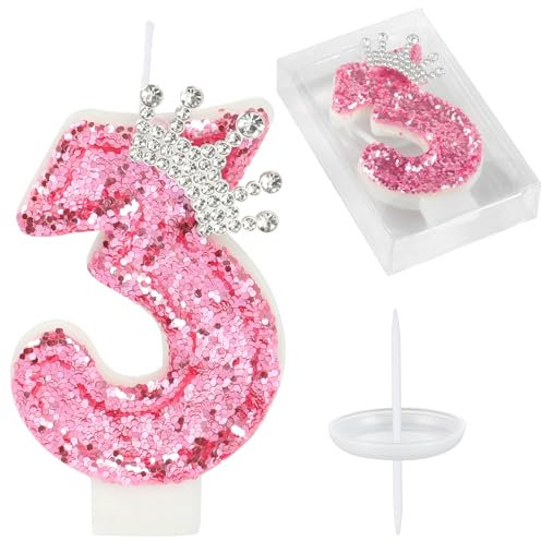 Birthday Number Candles,Pink Crown Birthday Candles for Cake,Glitter Number 3 Candle Cake Topper with Sequins for Girls,Women, Anniversary Celebrations Supplies (Pink 3)