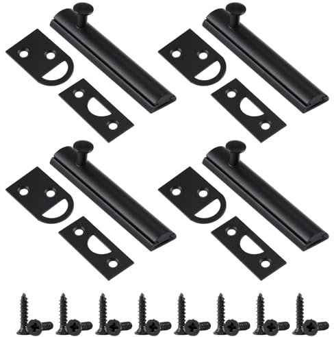 Lothee 4 Pcs Solid Brass Surface Bolts 2 Slide Latch Door Lock Bolt with Screws Anti Theft Security Lock for Top of French Door Gates(Matte Black)