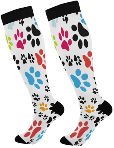Ksajwzf Kompressionsstrümpfe für Damen und Herren, bunte Katzen, Hundepfoten, Kniestrümpfe für Kätzchen, Fußabdruck für athletischen Sport, Laufen, Wandern, Fitness, multi, One size