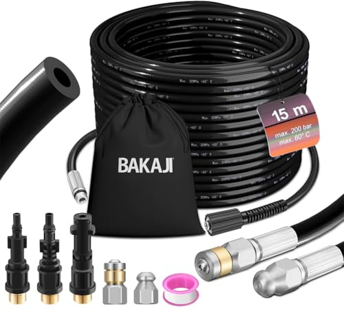 BAKAJI Sonda Sturatubi Spurgatubi Alta Pressione 200 Bar, Sistema Antipiega con Custodia, 3 adattatori, 2 ugelli fissi e rotanti, Compatibile con idropulitrice Kärcher k2-k7 LAVOR (15 Metri con Borsa)