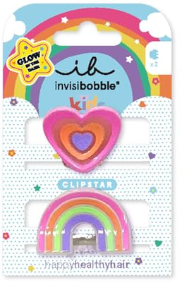invisibobble CLIPSTAR GLOW Kids Happy Hearts, 2 fermagli per capelli luminosi per bambini, design arcobaleno e cuore, clip antiscivolo per capelli sani, perfetti per ragazze