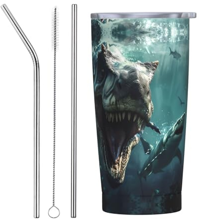 VOSERY Botella de agua de 20 onzas con tapa y popote, vaso aislado de tiburón de dinosaurio subacuático, vasos de acero inoxidable, taza de café de viaje, vaso personalizado