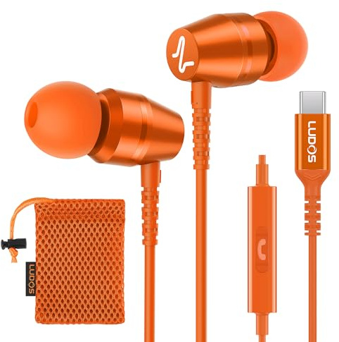 Ludos OMNITONE USB C Headphones, 5 Years Warranty, USB-C Earbuds for iPhone 16 15 Pro Max Plus Samsung Galaxy S24 S23 Ultra S22 S21 FE S20 Z Flip 3 Fold 4 A53 A54, USB Type C Earphones - Orange