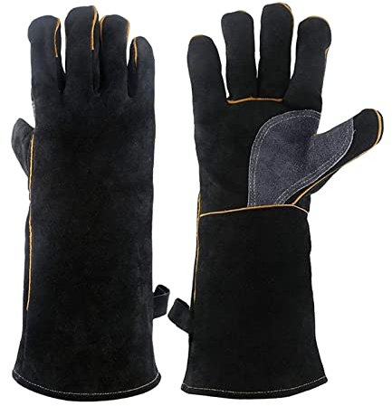 Guantes resistentes al fuego al fuego de cuero con guantes de costura perfectos for la barbacoa de la parrilla de la estufa de chimenea BBQ, Accesorios de soldadura