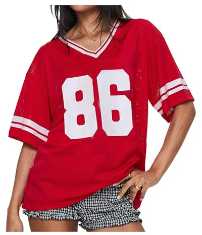 Kvinnor Y2K basket t-shirt kortärmad v-hals nummer tryck överdimensionerad t-shirt lös tröja tröja tröja estetisk streetwear, Röd H, L