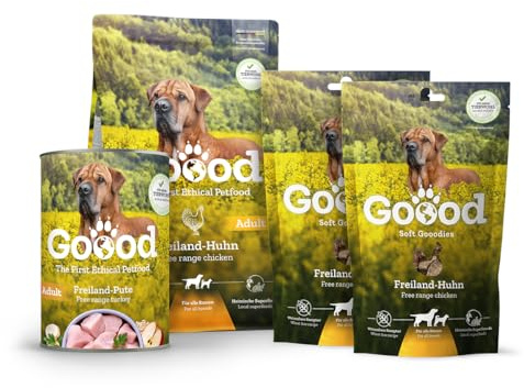 Goood Adult Freilandhuhn Probierpaket – 300g Trockenfutter, 400g Nassfutter, 2X 100g Snacks - Hundefutter mit hochwertigen Proteinen und wertvollem Vollkorn - für alle Rassen und Größen
