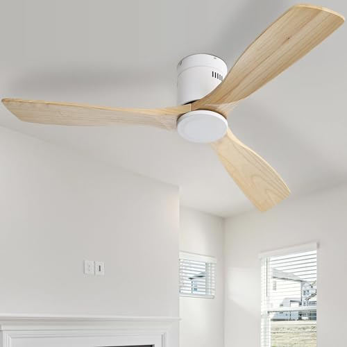 LULUWA Ventilatore a soffitto da 52 pollici, DC 3 intagliato legno Ventola Ventilatore Senza Rumore Motore Reversibile Telecomando Senza Luce Per Soggiorno (Bianco & Naturale)