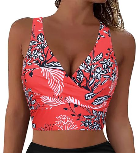 Firpearl Women Underwire Bikini Tops Longline Swim Top Push Up Tankini Swimsuit Long Bikinis Red Floral 6