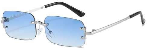 Hviomru Randlose Rechteck Sonnenbrille für Damen Herren Mode Trendy kleine schmale Rechteck Sonnenbrille Silber/Blau-Farbverlauf