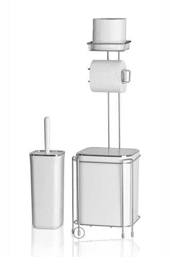 Edelstahl Badezimmer Zubehör Set – WC Bürste mit Halter, Toilettenpapierhalter & Qtip Halter – Moderner Mülleimer (WeißRechteckig)