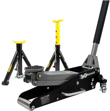 RocwooD Aluminium Trolley Jack 1.5 Ton Hydraulic Low Profile and Folding 3 Ton Axle Stands Lifting Range 90mm-358mm Quick Lift Car Van Mechanic Workshop Emergency 1.5T Tonne