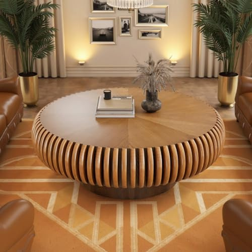 JXDFGYK Fluted Drum Coffee Table, 80cm Round Coffee Table Brown