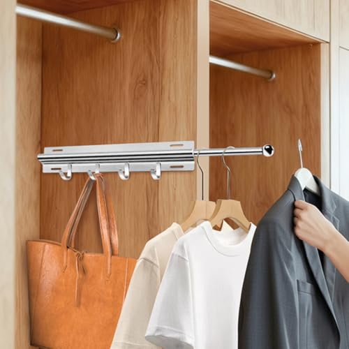 Yiomxhi Barra Armario Extraible con 4 Ganchos, Perchero Extensible, Barra para Colgar Ropa Ajustable, Pantalonero Telescópico Riel Tubo para Guardarropa (Derecha)