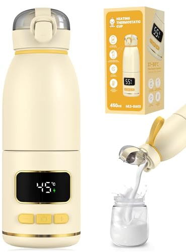 eSynic Bärbar 450 ml babyflaskvärmare snabb 3 minuters uppvärmning med avtagbar kopp mjölkvärmare justerbar temperaturkontroll 15 000 mAh uppladdningsbar på språng flaskvärmare för bröstmjölk och