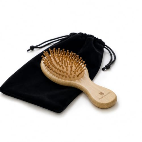 TreasureStash Mini Travel Hair Brush, Bamboo Wood, Bamboo Wide Tooth | Anti-Static Airbag Cushion, Detangling Styling Comb