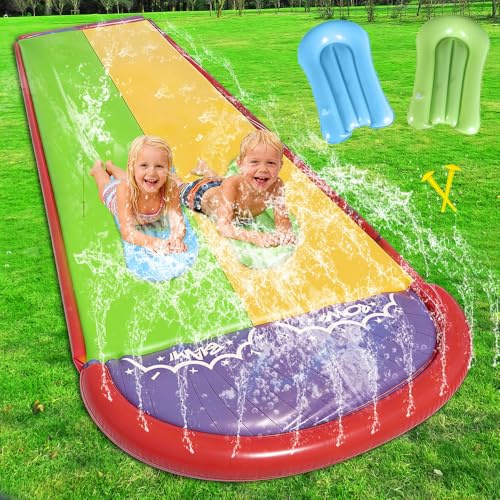 KUWUNG Wasserrutsche Garten für Kinder, 19.7ft/600cm Wasserrutsche mit 2 Bodyboard, Doppelrutsche Wasserrutschee Garten mit Eingebautem Sprinkler für Rasenflächen Outdoor