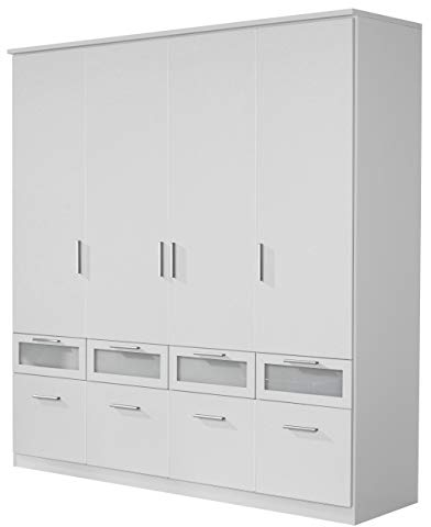 Rauch Möbel Bochum Schrank Kleiderschrank Drehtürenschrank 4-türig mit 8 Schubladen, Weiß/Milchglas, BxHxT 181x199x56 cm, Alpinweiß
