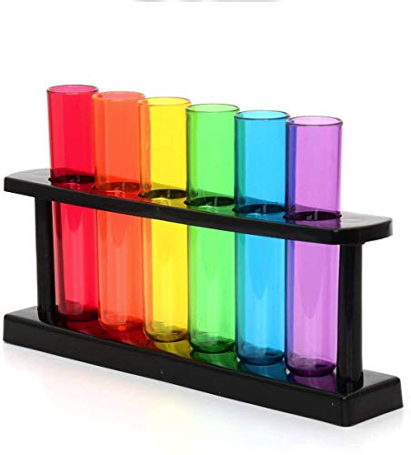 CKB LTD - Bar Amigos - Set di bicchieri per liquore a forma di fiale da laboratorio, in plastica, con supporto, colori: lilla/blu/verde/giallo/arancione/rosso