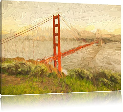 Pixxprint Golden Gate Bridge in San Francisco Pinsel Effekt, Größe: 100x70cm, Leinwandbild, fertig gespannt, Wandbild, Dekoration, Kunstdruck, kein Poster