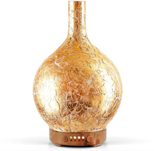 Porseme 150ml Glass Essential Oil Diffuser, Night Light Handmade Glass Ultrasonic Aroma Diffuser, 7 Color Changing Cool Mist Oil Diffuser with Timer, Waterless Auto-off for Home（Goldplated）