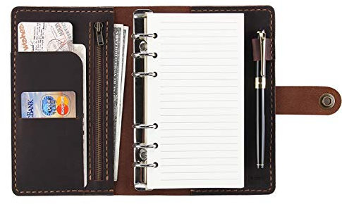 Leder-Tagebuch, nachfüllbar, A6, Reise-Notizbuch mit Taschen, 6-Ringbuch, Planer mit Stifthalter, Kaffeebraun