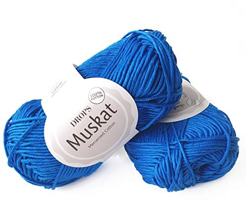 100% Cotton Yarn for Knitting and Crocheting, 3 or Light, DK, Worsted Weight, Drops Muskat, 1.8 oz 109 Yards per Ball (15 Royal Blue)