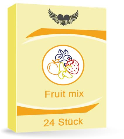 Kondome mit Geschmack mix Erdbeere, Banane, Blaubeere, Pfirsich 52mm - 24 Stück Gefühlsecht Extra dünn Extra feucht Analverkehr Gleitfilm von Lovelyness