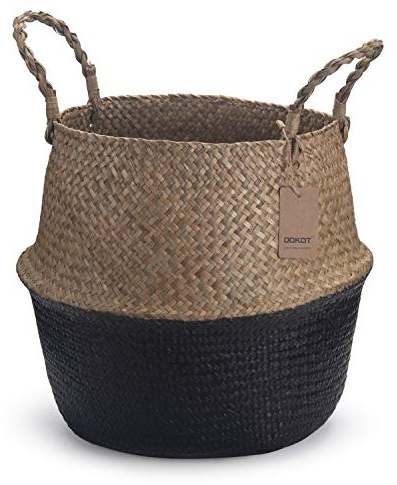 Seagrass Plant Basket with Handles Natural Woven Storage Baskets (Black 9 inch D x 11 inch H)