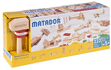 Matador Kinder Baukasten ab 5 Jahren 222-tlg. - Spannendes Holz Konstruktionsspielzeug zur Schulung von Kreativität und Feinmotorik, Bauspielzeug mit Stäbchen, Klötzen, Hammer & Zange