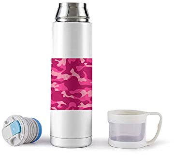 Isolierflasche mit pinker Camouflage-Illustration, aus Edelstahl, 500 ml, isolierte Thermoflasche mit Becher für Heißgetränke, Kaffee, Tee