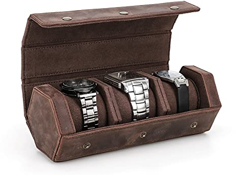Hiram Echtes Leder 3 Uhren Reiseetui Rolle Handgefertigte Reiseaufbewahrung Uhrenbox Tragbarer Schmuck Organizer