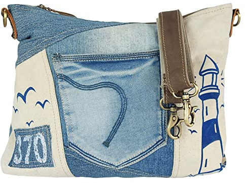 Sunsa Damen Maritim Umhängetasche. Schultertasche aus Canvas, recycelte Jeans & Leder. Große Vintage Crossbody Tasche. Nachhaltig Handtasche als Geschenkideen für Frauen/Mädchen | Nachhaltige Crossbody Bag, Vintage Schultertasche, Jeanstasche mit Abnehmaren & Verstellbaren Henkel, Crossover Handtasche